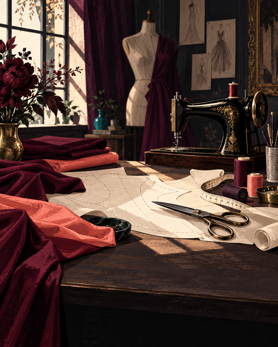 Independent editorial illustration of a dressmaking workbench with fabric, patterns, scissors, and a sewing machine
