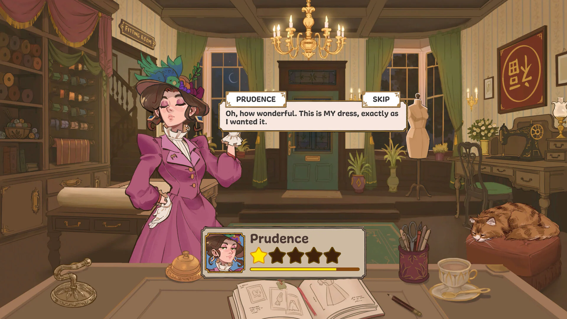 Prudence reacting to a completed pink dress in the Dressmaker shop, with a customer rating panel on screen