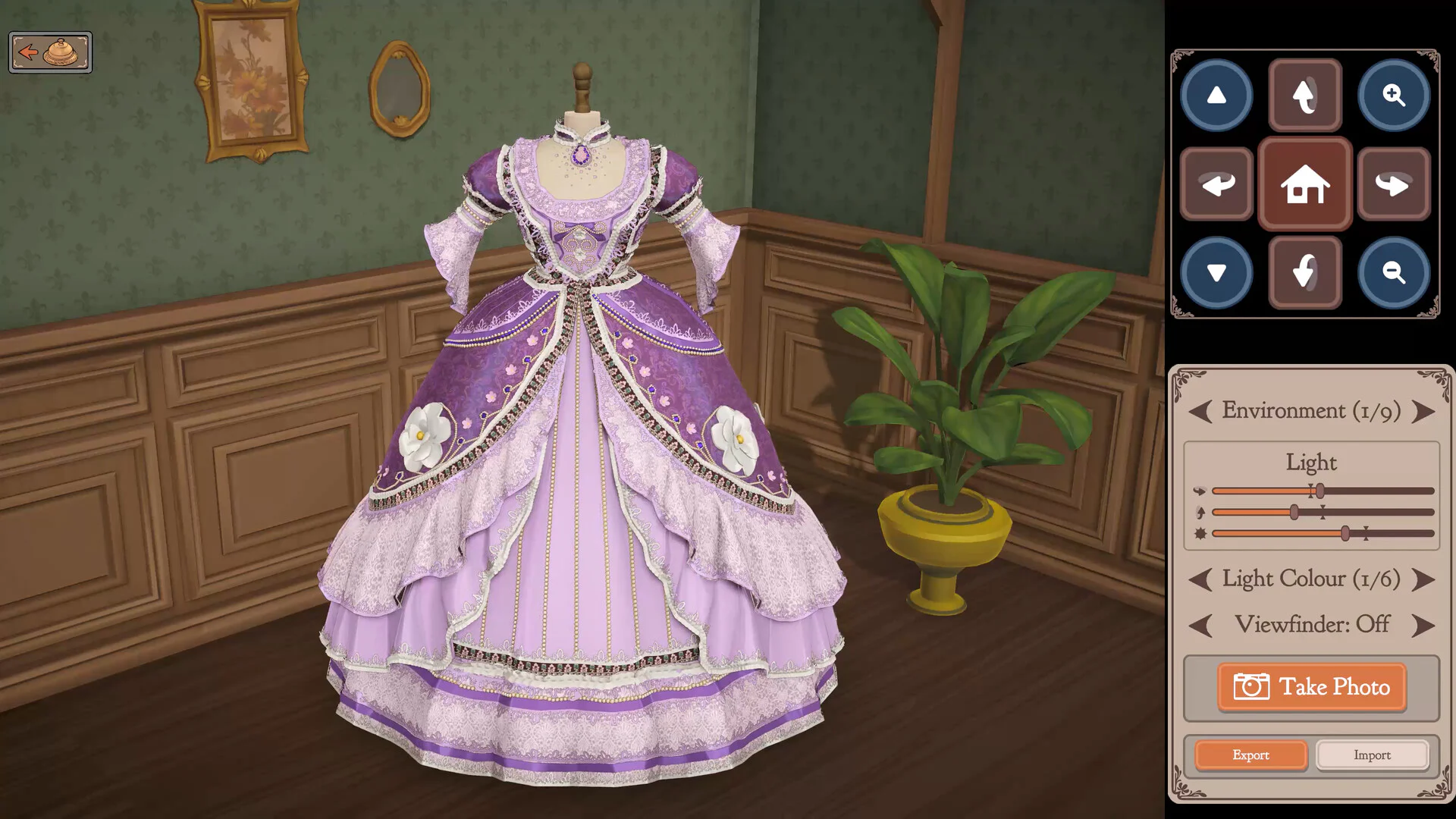 An elaborate purple gown on a mannequin in Dressmaker photo mode with camera and lighting controls