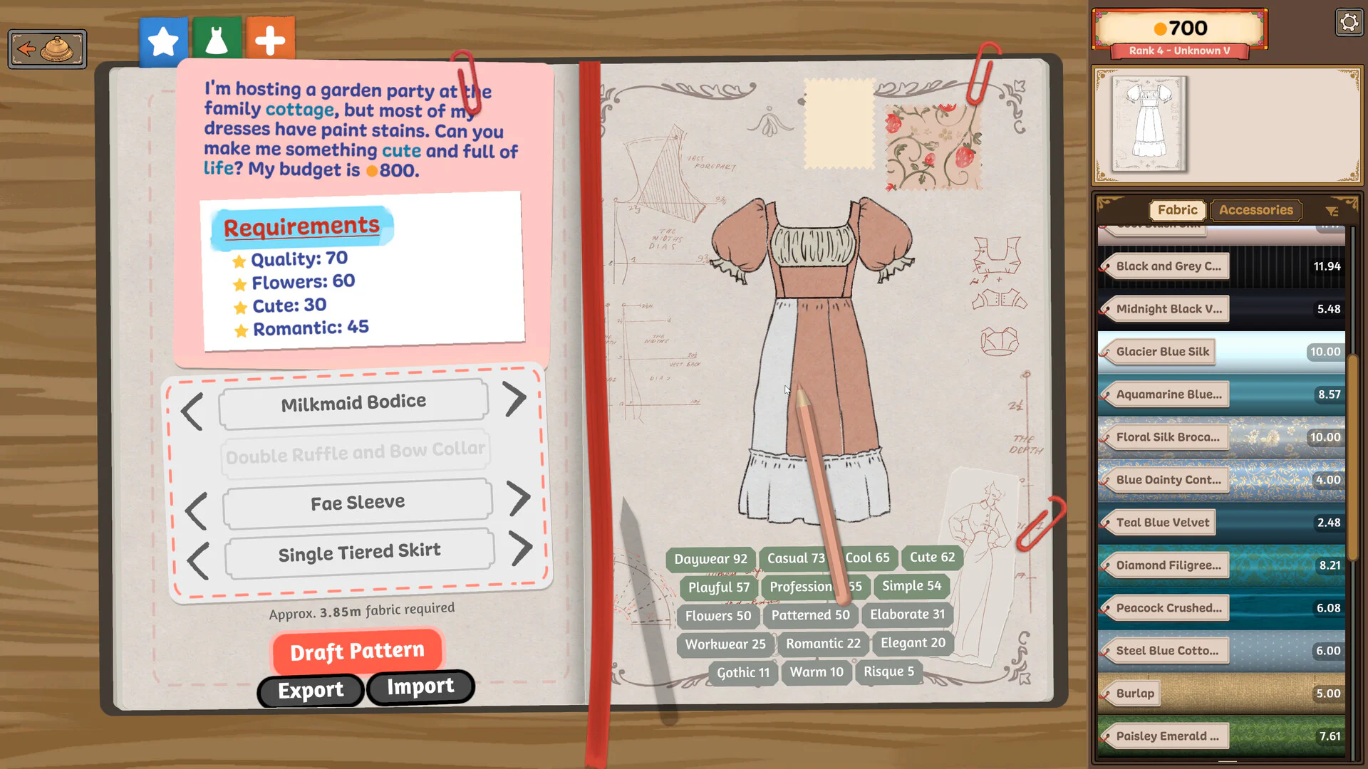 Dressmaker sketchbook showing a garden-party commission, dress components, fabrics, and style values