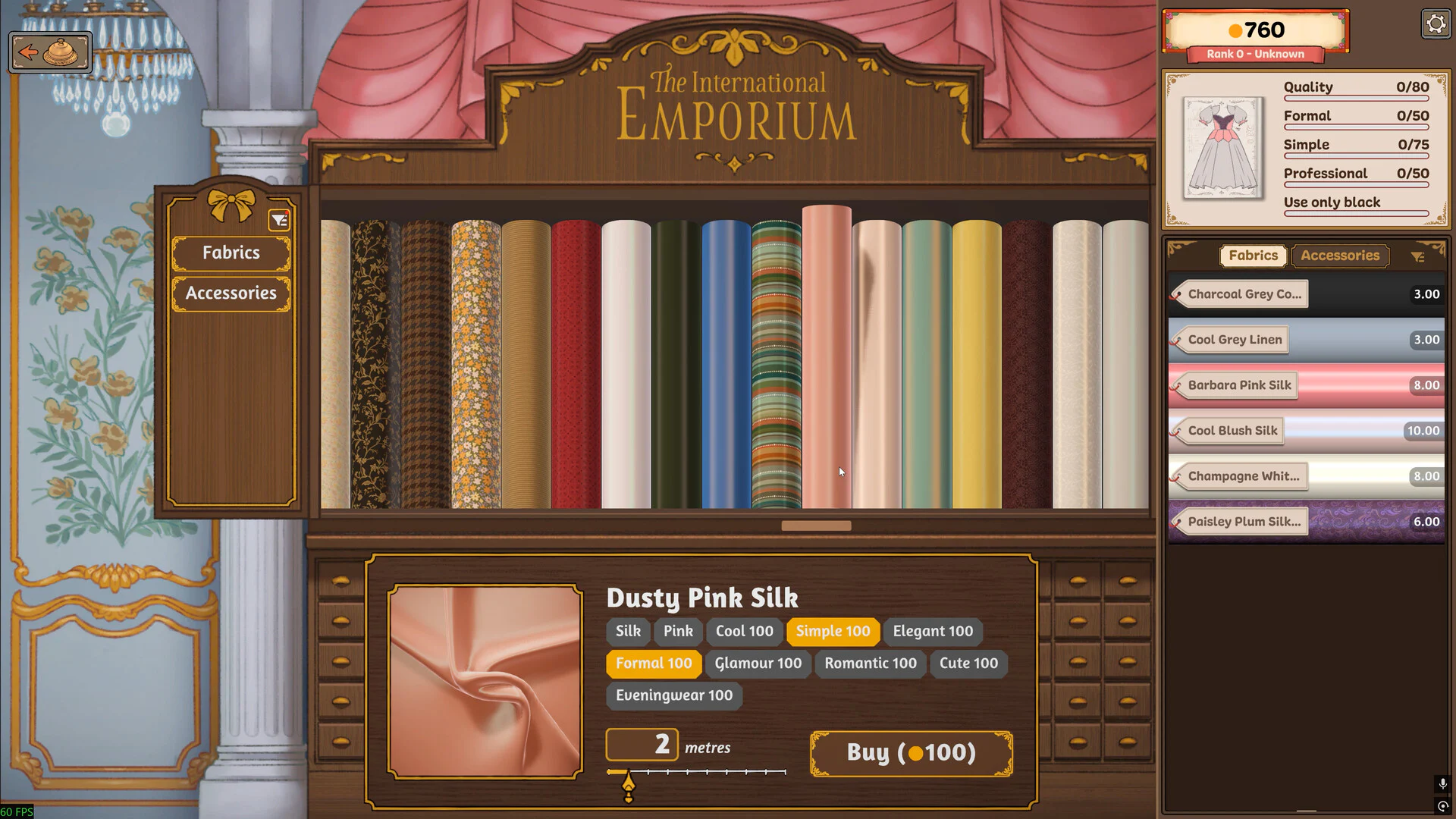 The International Emporium fabric shop in Dressmaker with rolls of fabric and Dusty Pink Silk selected