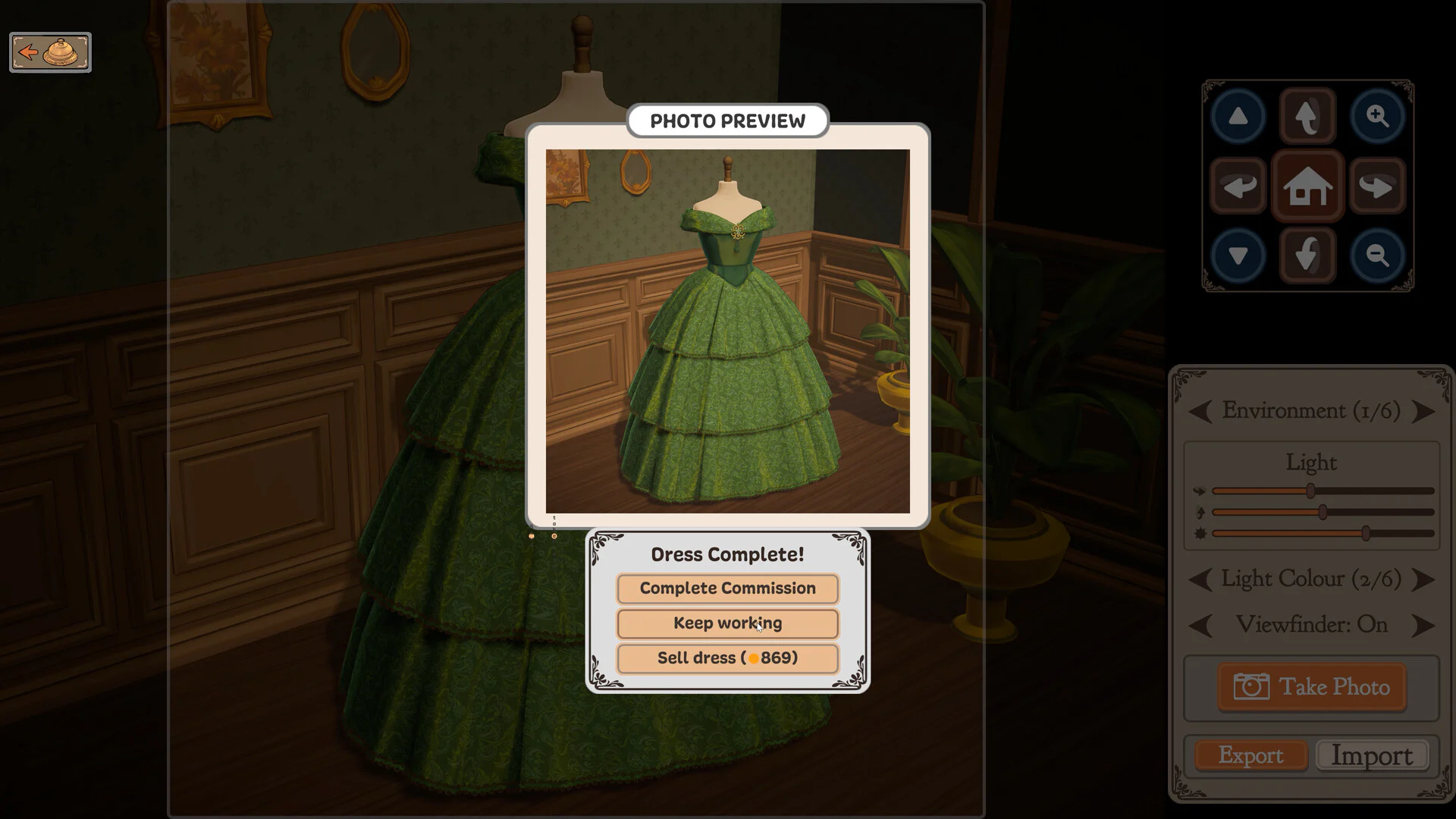 Dressmaker photo preview of a completed green tiered gown with commission, keep working, and sell options